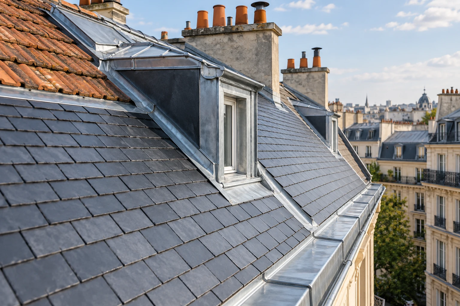 Couverture en ardoises et zinc